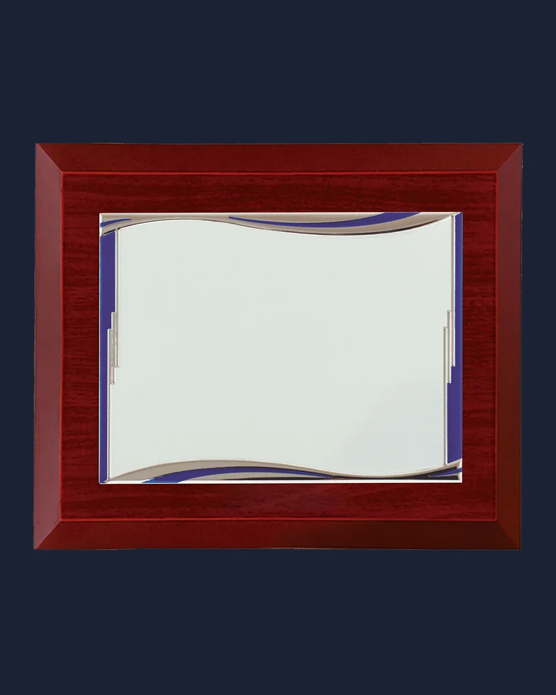 Placa Caoba con Placa Ondulada Azul y Plata